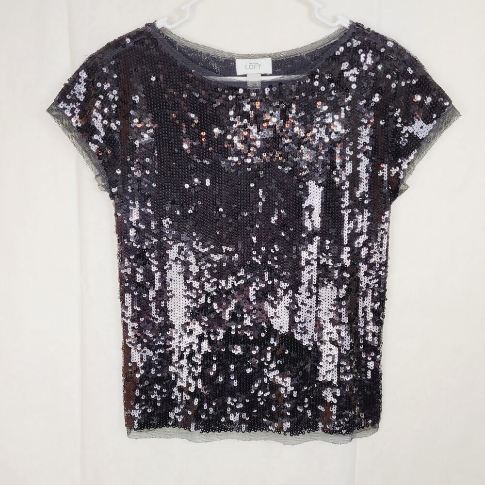 Ann Taylor Loft black all over sequin top Size XS mesh trim short sleeved Glam